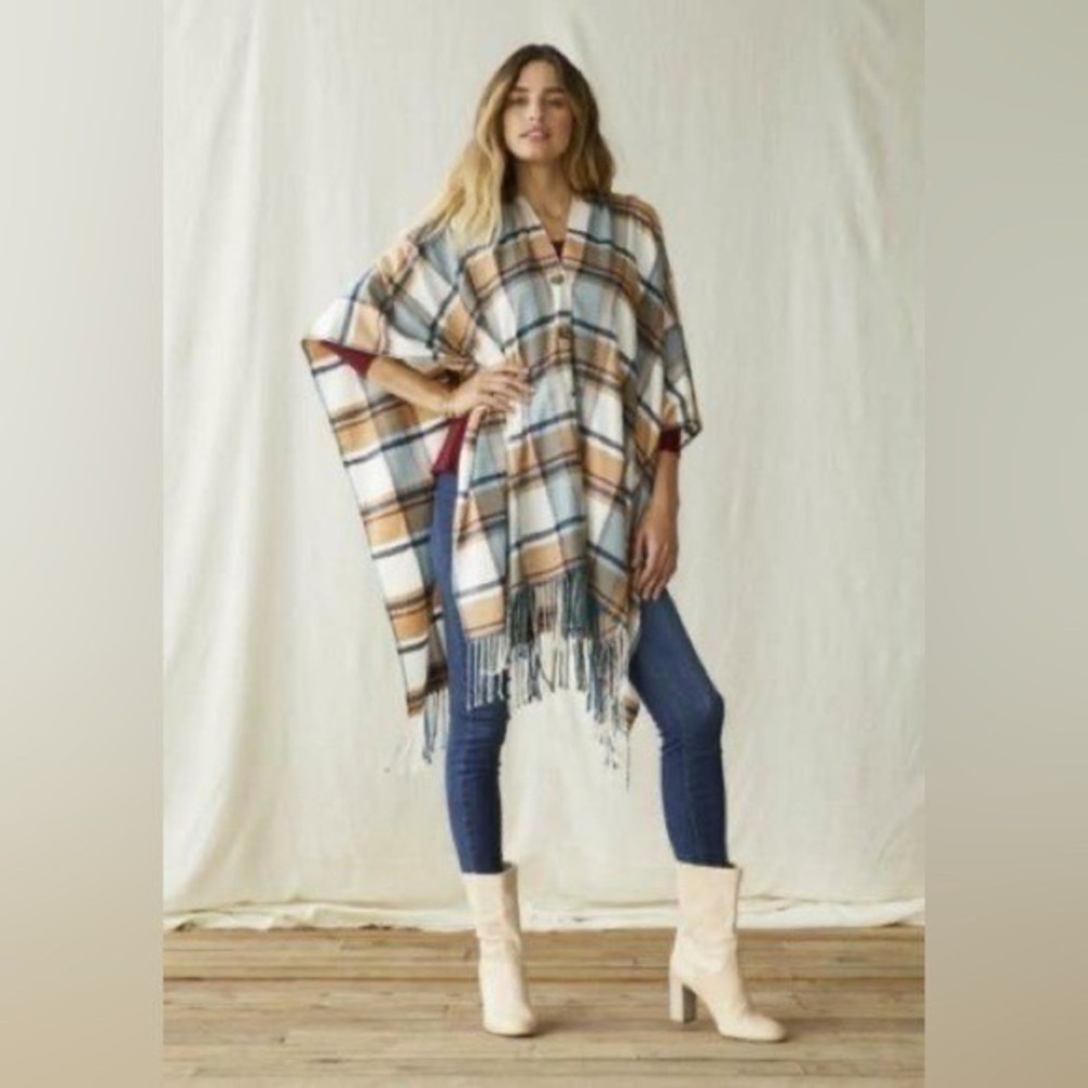 Matilda Jane Paige Poncho Plaid Blanket Shawl Wrap Fringe Women's One Size